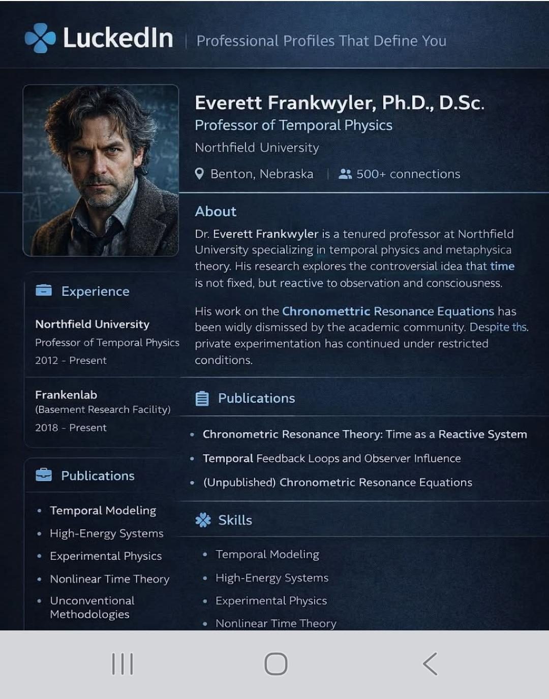 Fictional LuckedIn profile for Everett Frankwyler