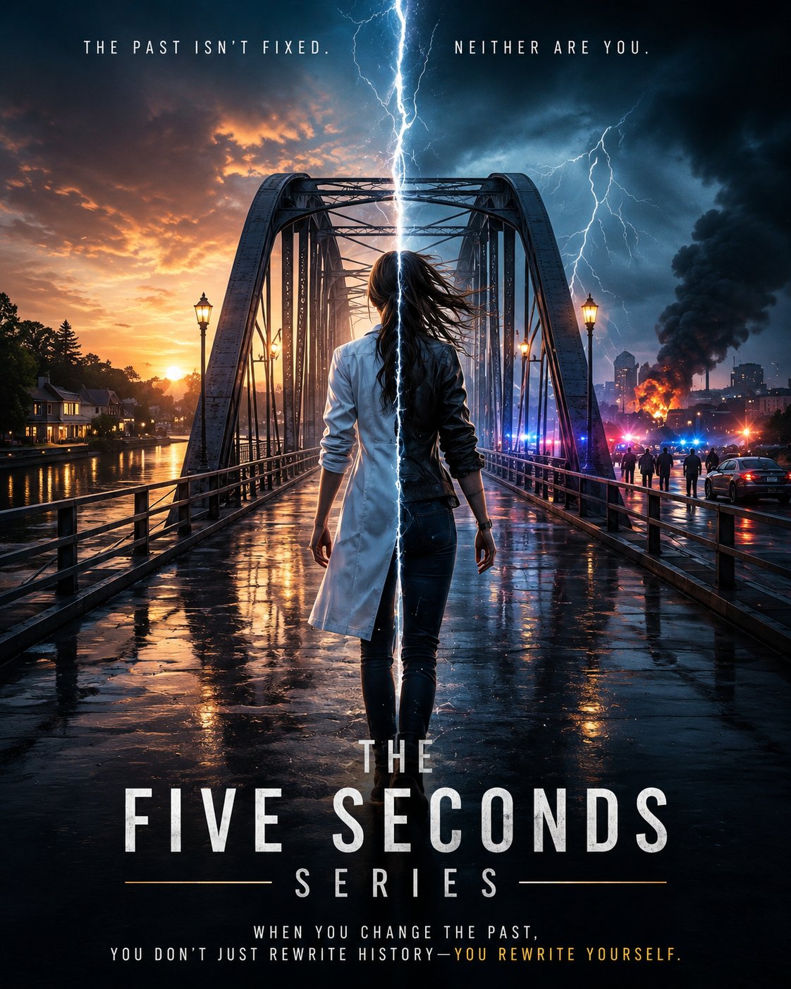 A woman stands on a bridge split by lightning, sunset town on one side, burning city on the other.