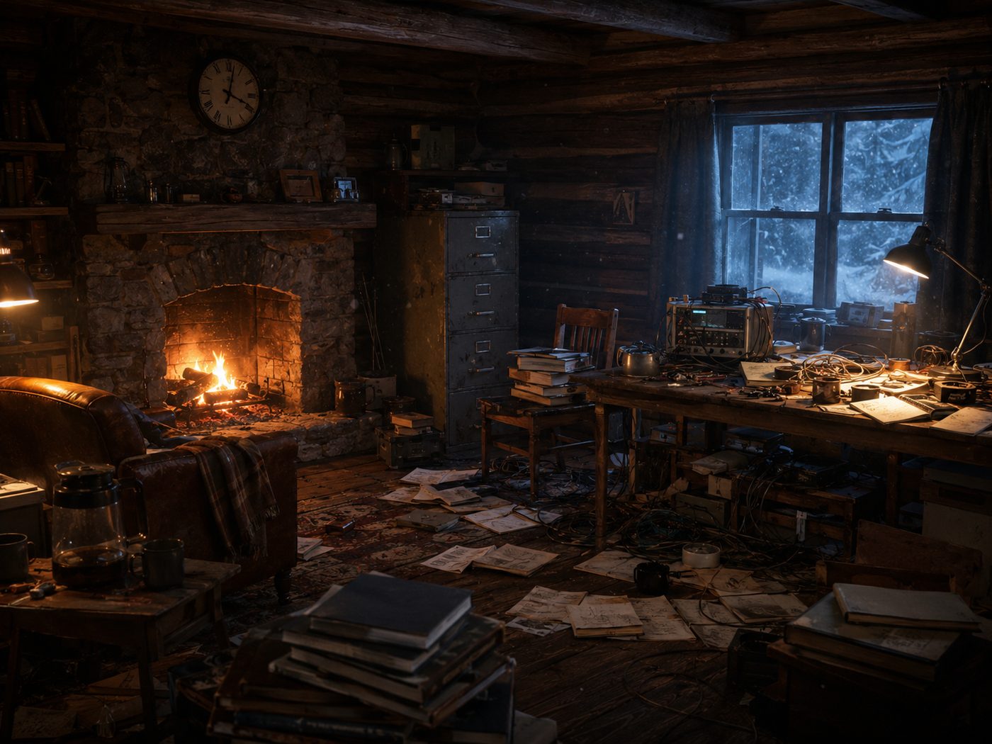The cabin's cluttered living room, turned makeshift lab, with a fireplace, filing cabinet, and worktable covered in wire and notes